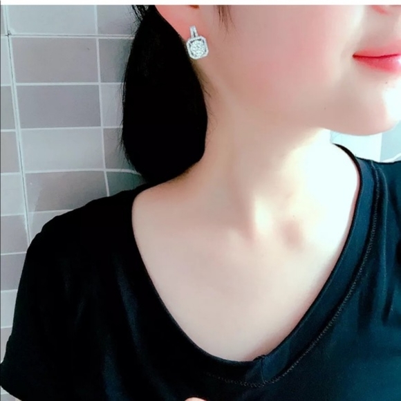 Sterling Silver Square Diamond Studs Earrings - Picture 2 of 6